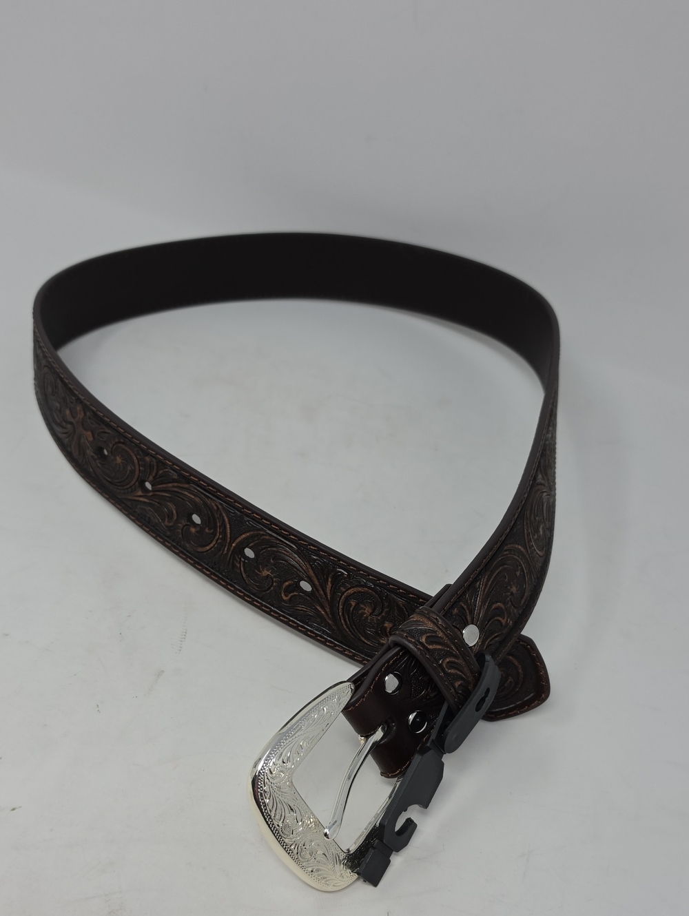 Nocona Women Tooled Dark Brown Leather Belt with Decorative Silver Buckle Size S